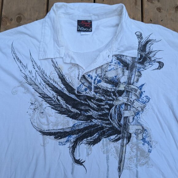 Vintage Miami Ink Gothic Wing & Cross Polo Shirt – Men’s XXL White - Picture 2 of 8